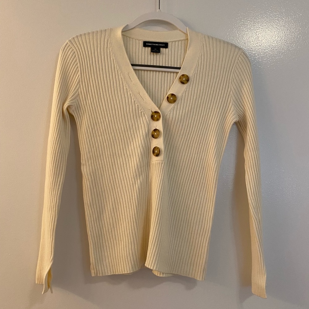 Something Navy White Button Knit